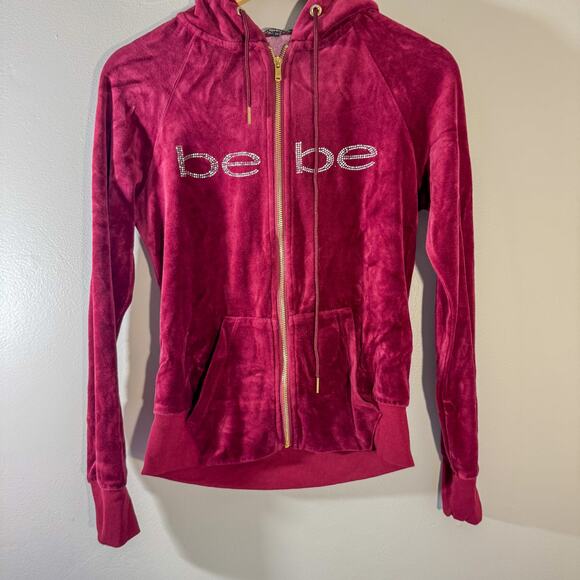 Y2K Bebe Velour Rhinestone Zip-Up Hoodie | Maroon Track Jacket Bling XS - Picture 3 of 9